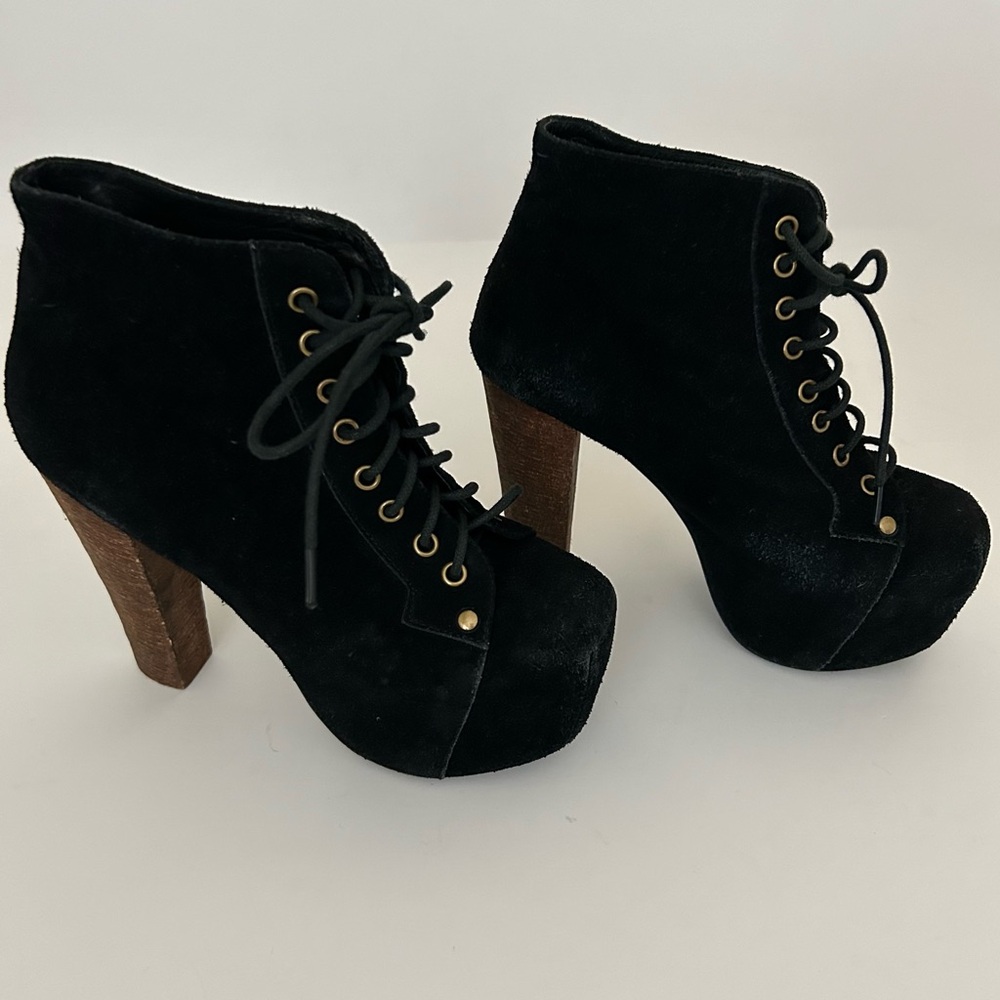 Jeffery Campbell Lita Platform Lace Up Black Suede Leather Booties - 5.5